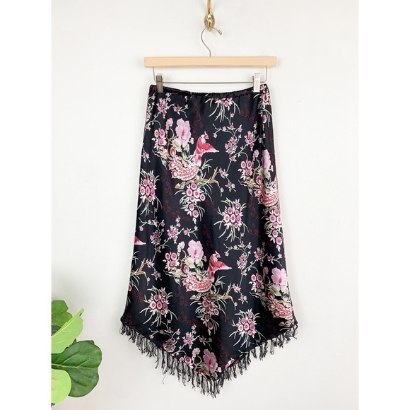 Vintage 90s Chinoiserie Floral Print Satin Fringe Midi Skirt Sz M - Picture 1 of 6